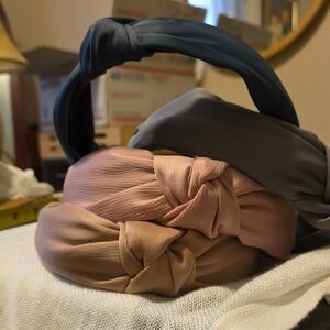 4 Satin Headbands In Blue Sage Caramel & Pink Satin All Knotted Headbands